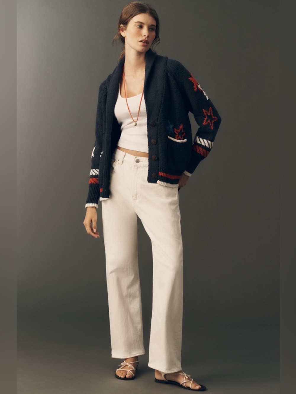 Anthropologie Navy Cardigan with Red & White Trim and Sail Motifs - Picture 3 of 5